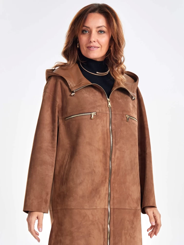 Замшевое женское пальто оверсайз с капюшоном на молнии премиум класса 3058з, светло-коричневое, размер 52, артикул 25700-4