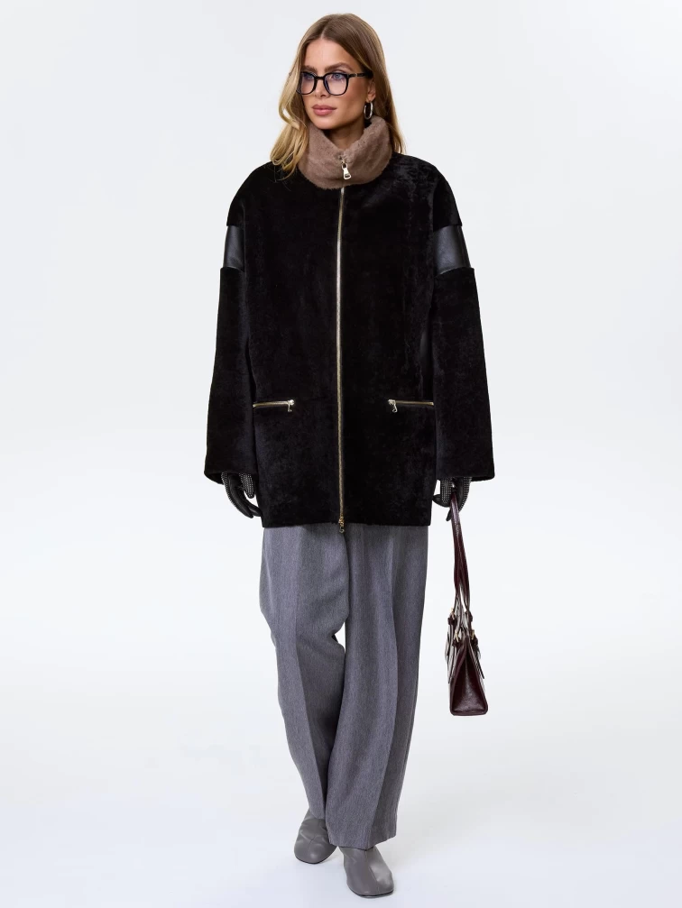 Дубленка на молнии с норковым воротником для женщин премиум класса 2057, черная, размер 52, артикул 62500-1