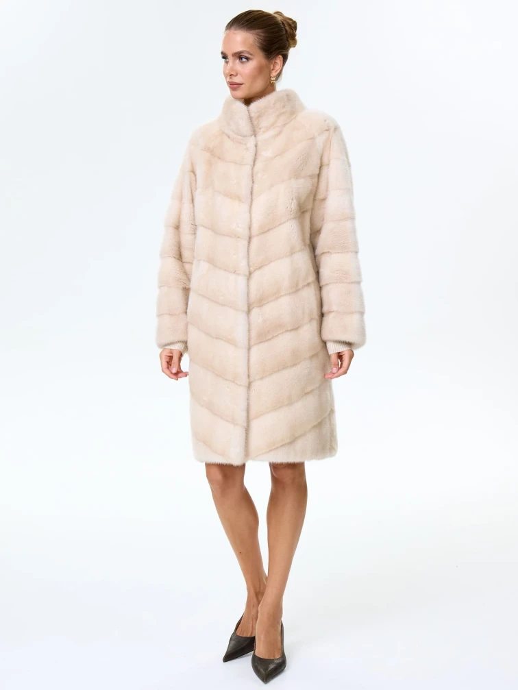 Поперечная женская норковая шуба премиум класса София(с), жемчужная, размер 50, артикул 34110-4
