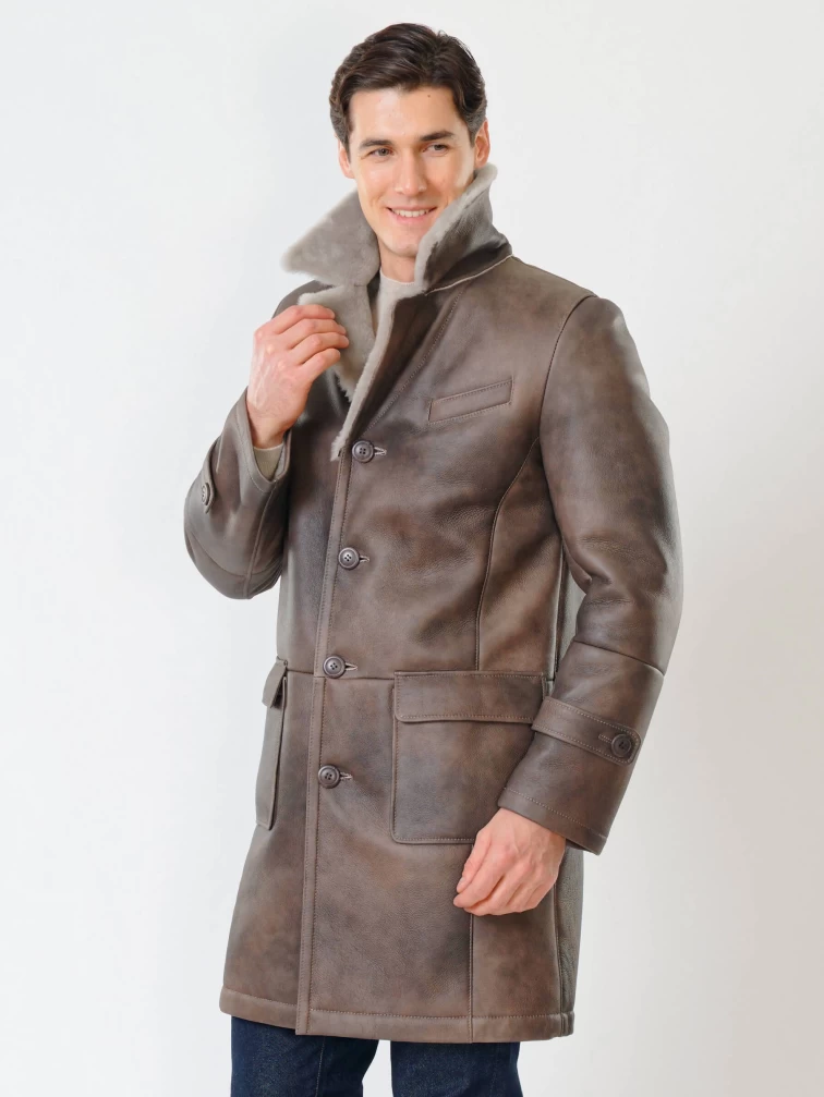 Длинная классическая мужская дубленка 419, серо-коричневая, размер 48, артикул 70470-1