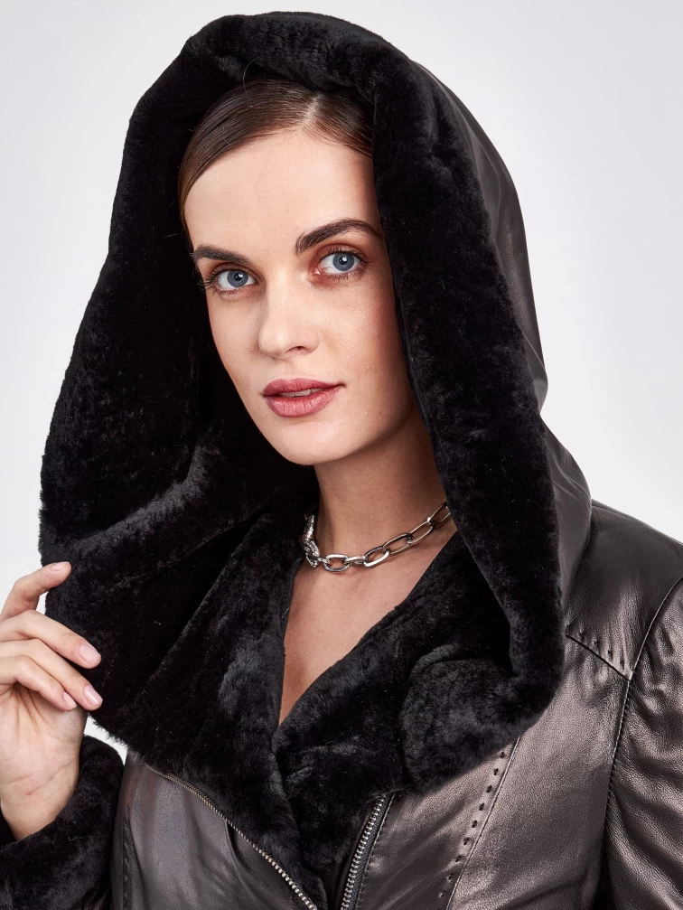 Кожаный плащ зимний женский 394мех, с капюшоном, черный, размер 46, артикул 92090-4