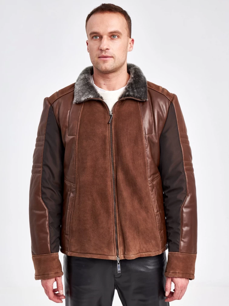 Комбинированная короткая мужская дубленка 40072, коричневый, размер 50, артикул 71230-6
