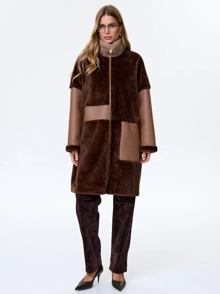 Женское полупальто из натуральной овчины с норковым воротником премиум класса 2038, коричневое, размер 46, артикул 64260-4