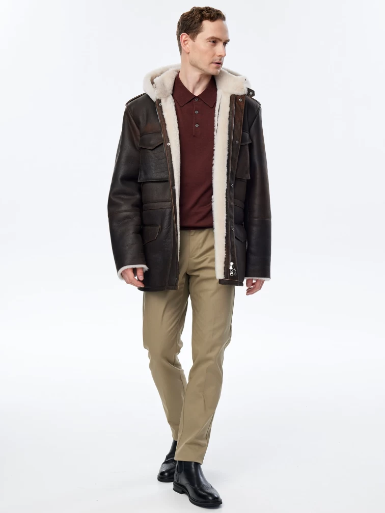 Дубленка мужская с капюшоном премиум класса 433, коричневая, размер 48, артикул 70751-6