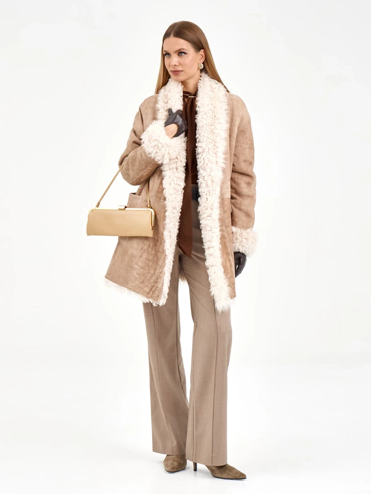 Короткая женская дубленка из тиградо 2078, бежевая, размер 44, артикул 65270-5