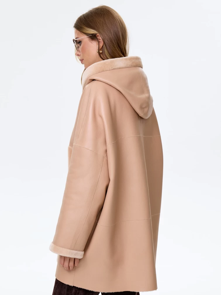 Молодежное полупальто из натуральной овчины для женщин с капюшоном премиум класса 2056, бежевое, размер 52, артикул 64350-6
