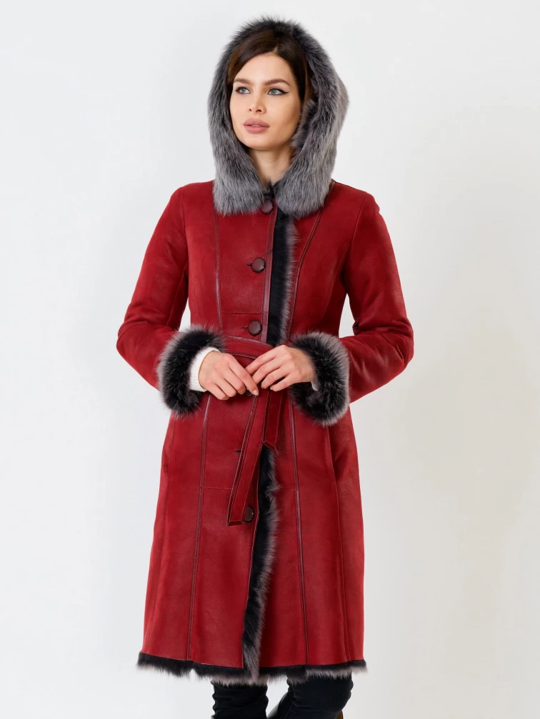 Длинная женская дубленка из тосканы с капюшоном 123нк, красная, размер 50, артикул 61911-1