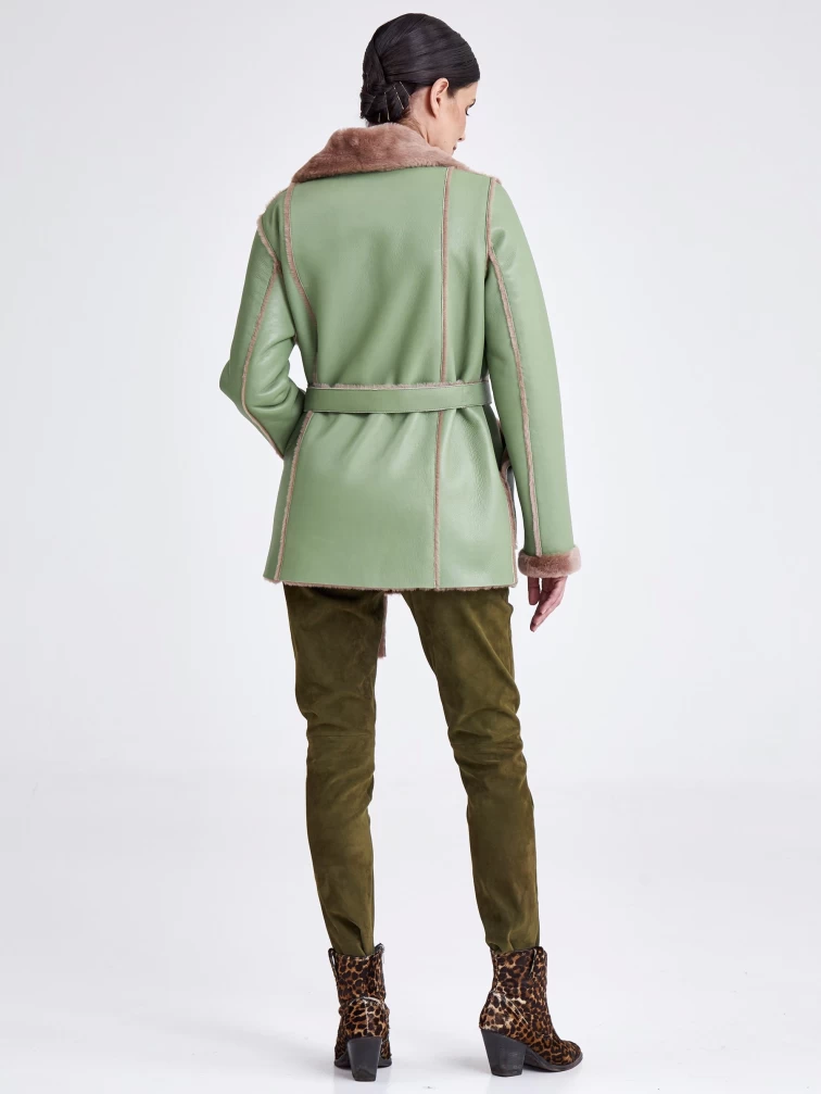 Двубортная короткая женская дубленка премиум класса 2010, оливковая, размер 48, артикул 62640-2