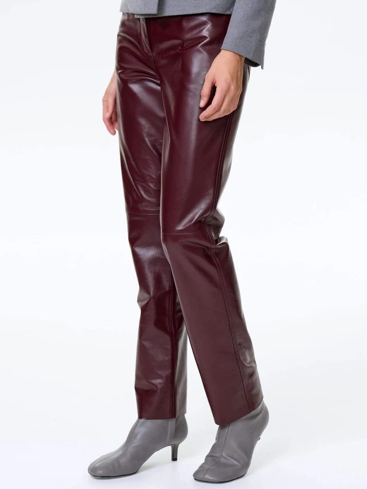 Бордовые зауженные кожаные женские брюки 02, размер 42, артикул 85492-2