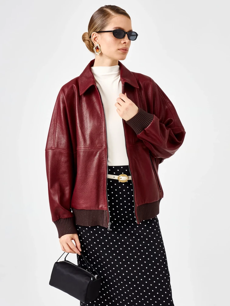 Женская бордовая кожаная куртка бомбер премиум класса 3106, размер 44, артикул 92170-7