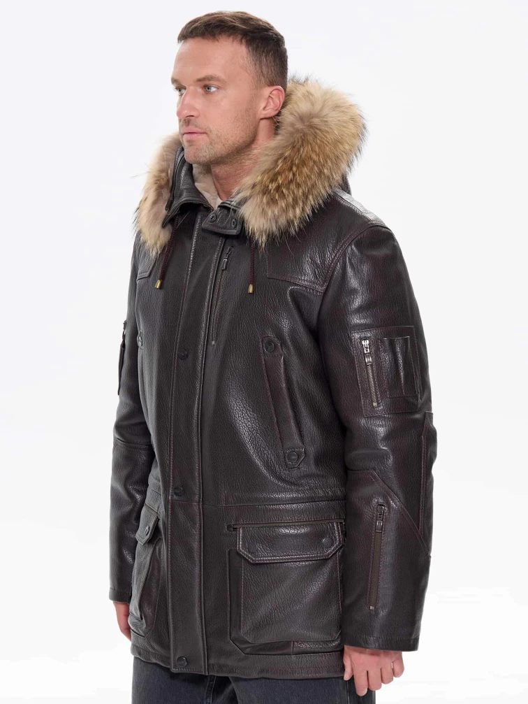 Утепленная мужская кожаная куртка аляска с мехом енота Алекс, коричневая, размер 52, артикул 40300-4