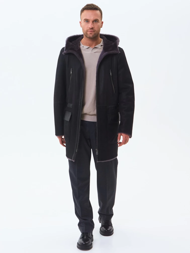 Длинная мужская дубленка с капюшоном премиум класса 429, черная, размер 48, артикул 71461-1