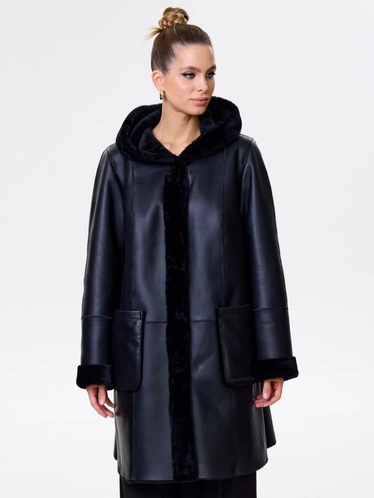 Женская классическая дубленка с капюшоном премиум класса 2004, черная, размер 56, артикул 62820-4