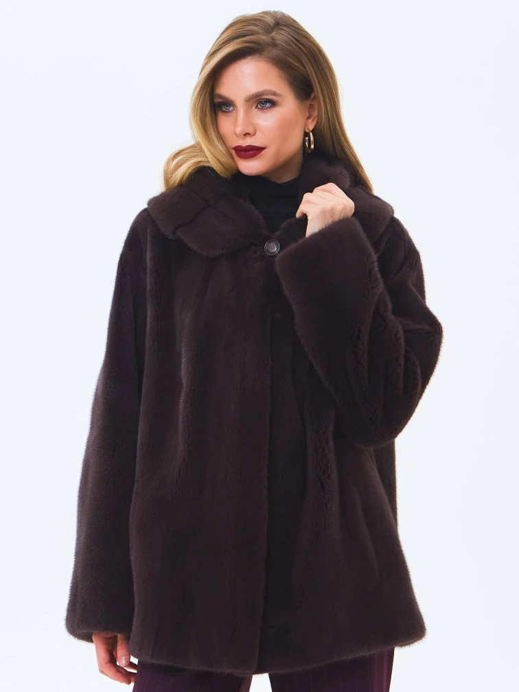 Женская норковая шуба с капюшоном премиум класса Жанета(к), коричневая, размер 58, артикул 34230-6