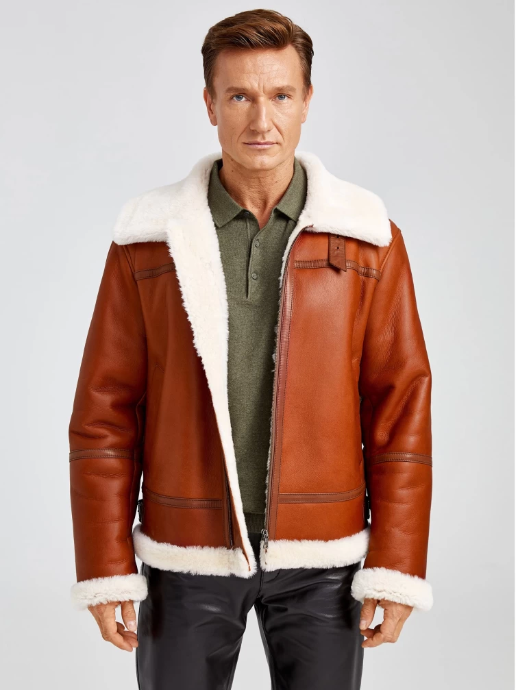 Короткая мужская дубленка пилот премиум класса 430, коньячная, размер 52, артикул 70771-1
