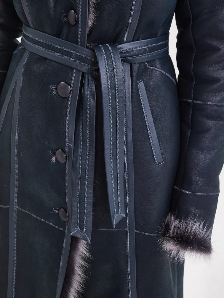 Женское пальто из натуральной овчины с капюшоном 132, синее, размер 44, артикул 64090-7