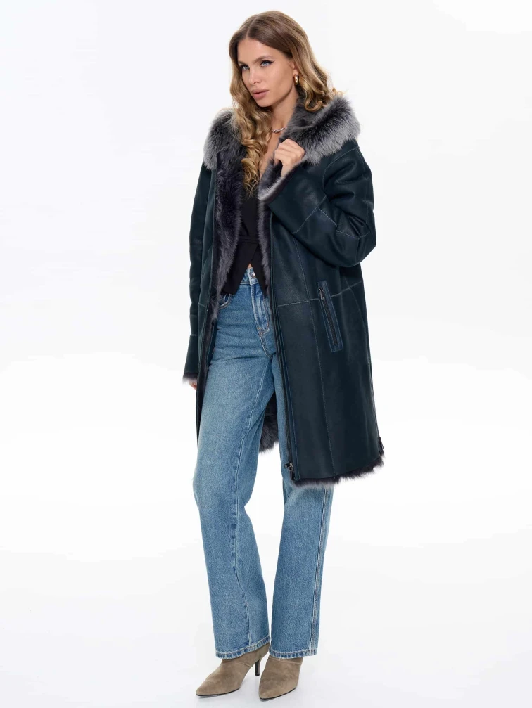 Женская дубленка с капюшоном из тосканы 2067, синяя, размер 48, артикул 64740-1