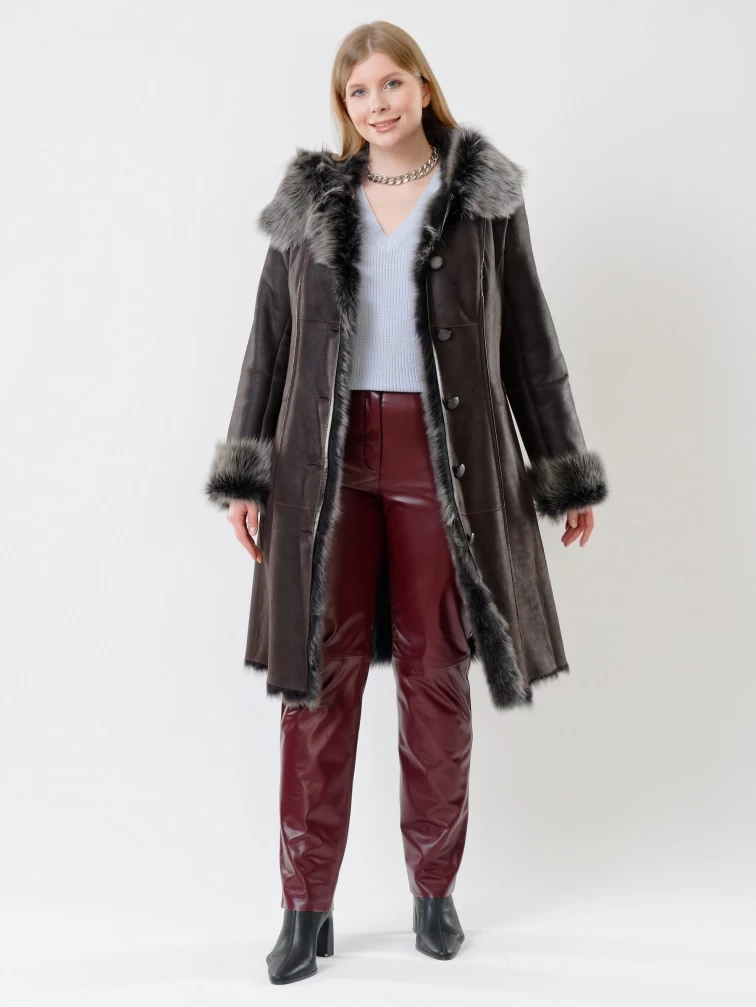 Длинная женская дубленка из тосканы с капюшоном 123нк, коричневая, размер 56, артикул 62082-3