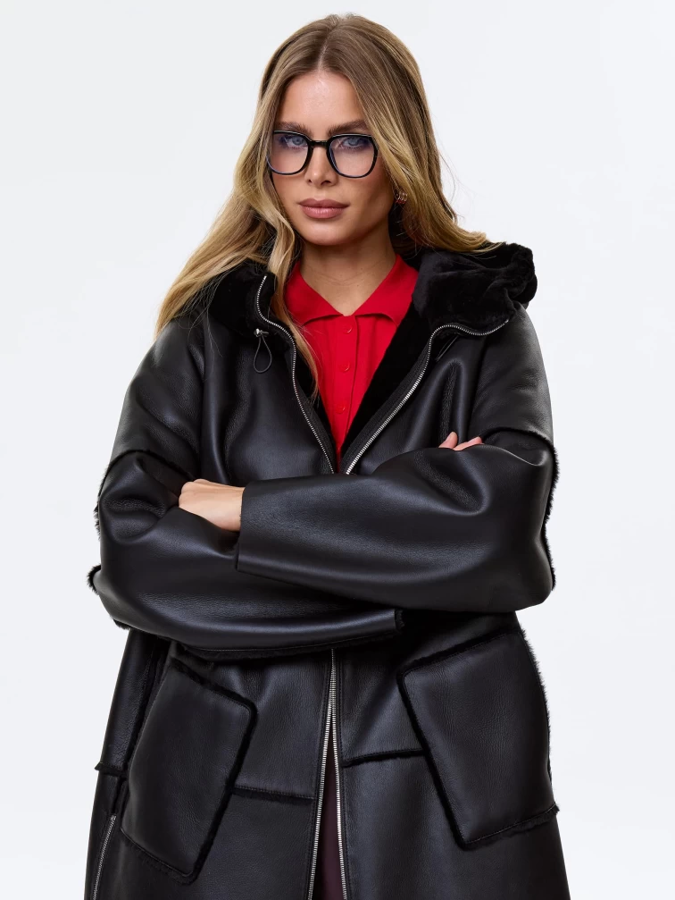 Женское полупальто с капюшоном из натуральной овчины премиум класса 2052, черное, размер 46, артикул 64290-0