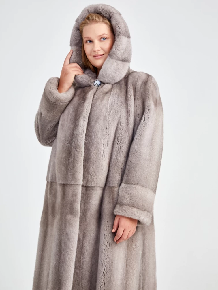 Удлиненная женская норковая шуба с капюшоном Мишель(к), голубая, размер 52, артикул 32940-1