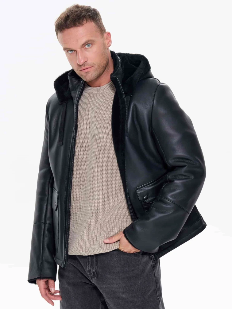 Короткая мужская дубленка с капюшоном премиум класса 441, черная, размер 48, артикул 41230-3