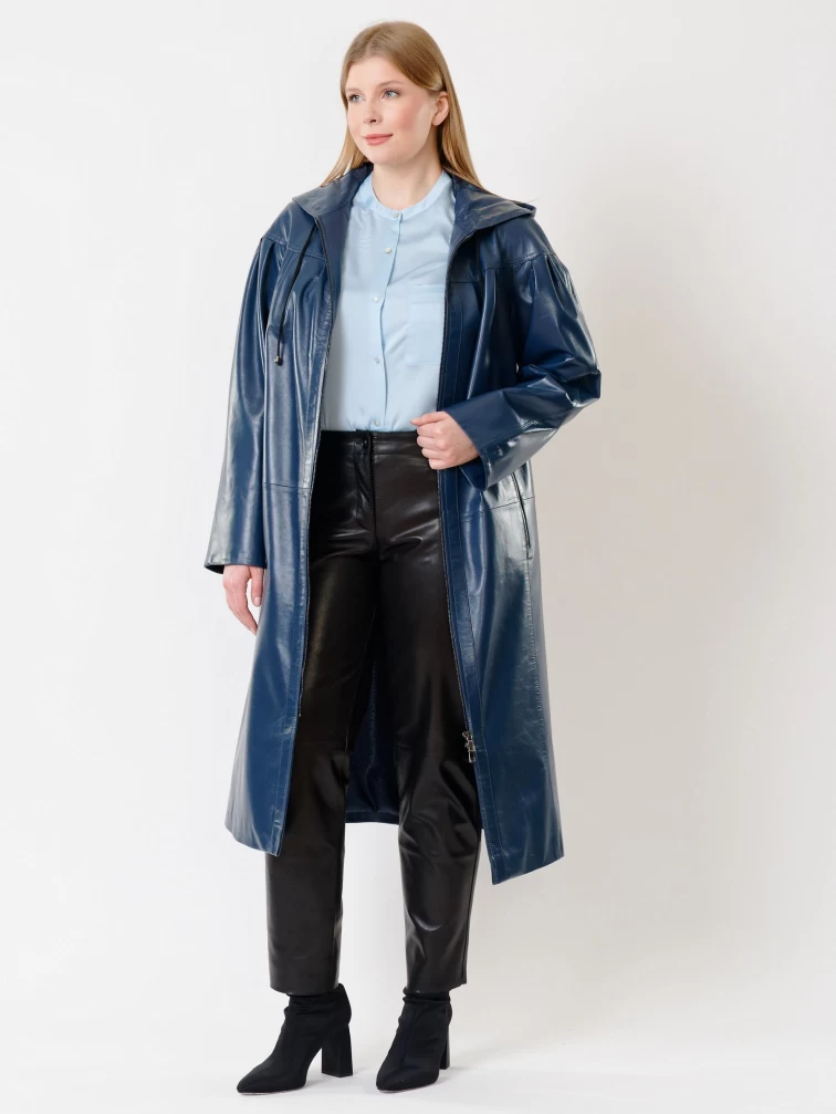 Кожаный длинный женский плащ с капюшоном 3009, синий, размер 48, артикул 91381-4