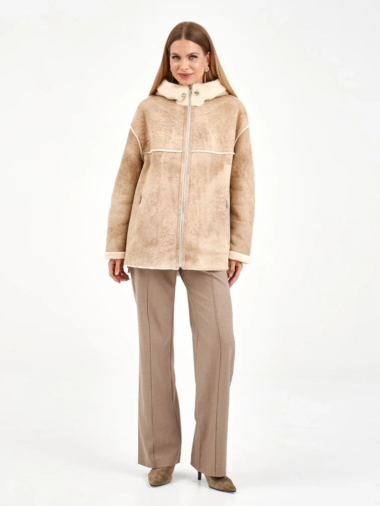 Короткая женская дубленка с капюшоном 2075, бежевая, размер 46, артикул 65230-5