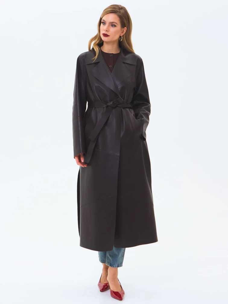 Длинный женский кожаный плащ премиум класса 3081, коричневый, размер 50, артикул 24660-1