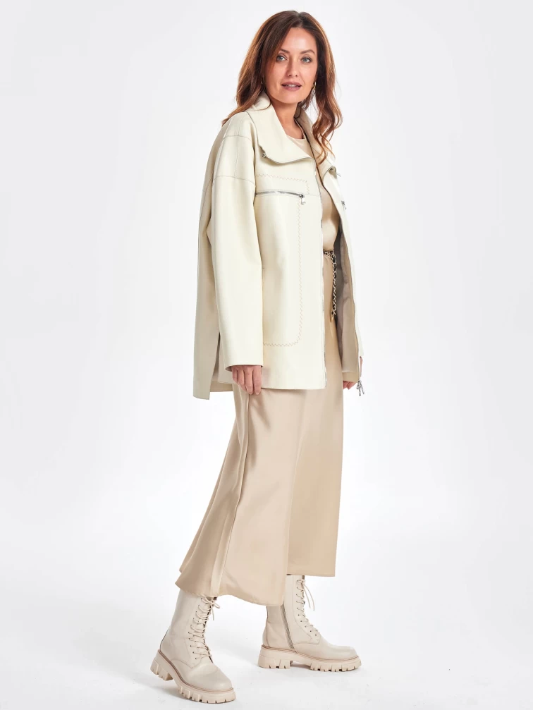 Кожаная женская куртка оверсайз на молнии премиум класса 3056, белая, размер 50, артикул 23510-1