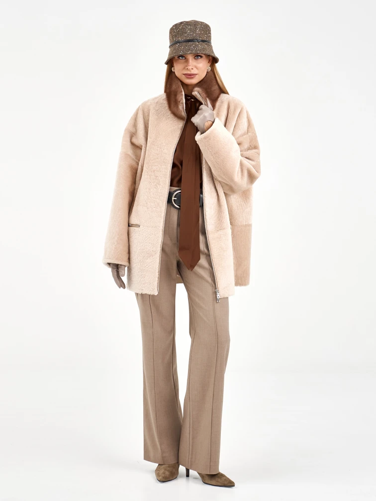 Белая дубленка из астрагана с норкой 59мех, размер 50, артикул 65130-2