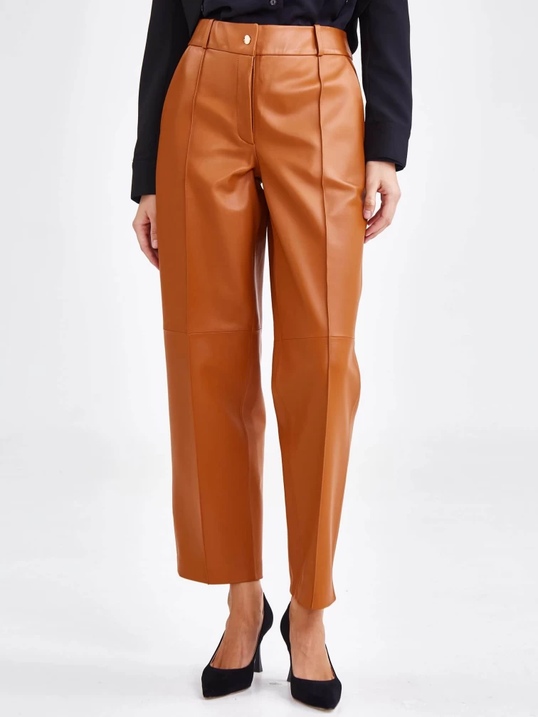 Коричневые модные женские кожаные брюки 08, размер 42, артикул 85912-3