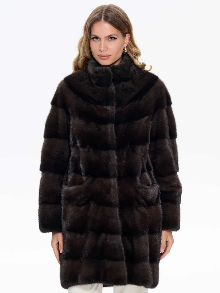 Поперечная норковая женская шуба MANZARI SL-135, серая, размер 44, артикул 34290-3