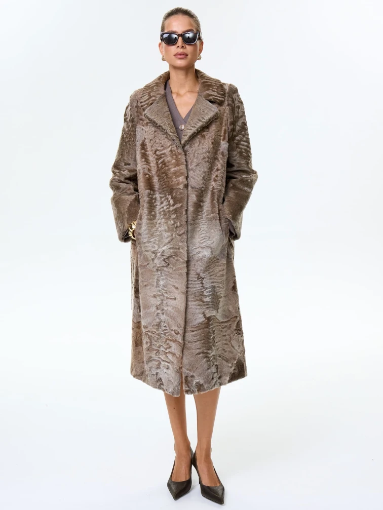 Длинная женская шуба из меха каракульчи премиум класса Лола(ав), светло-коричневая, размер 50, артикул 33990-7