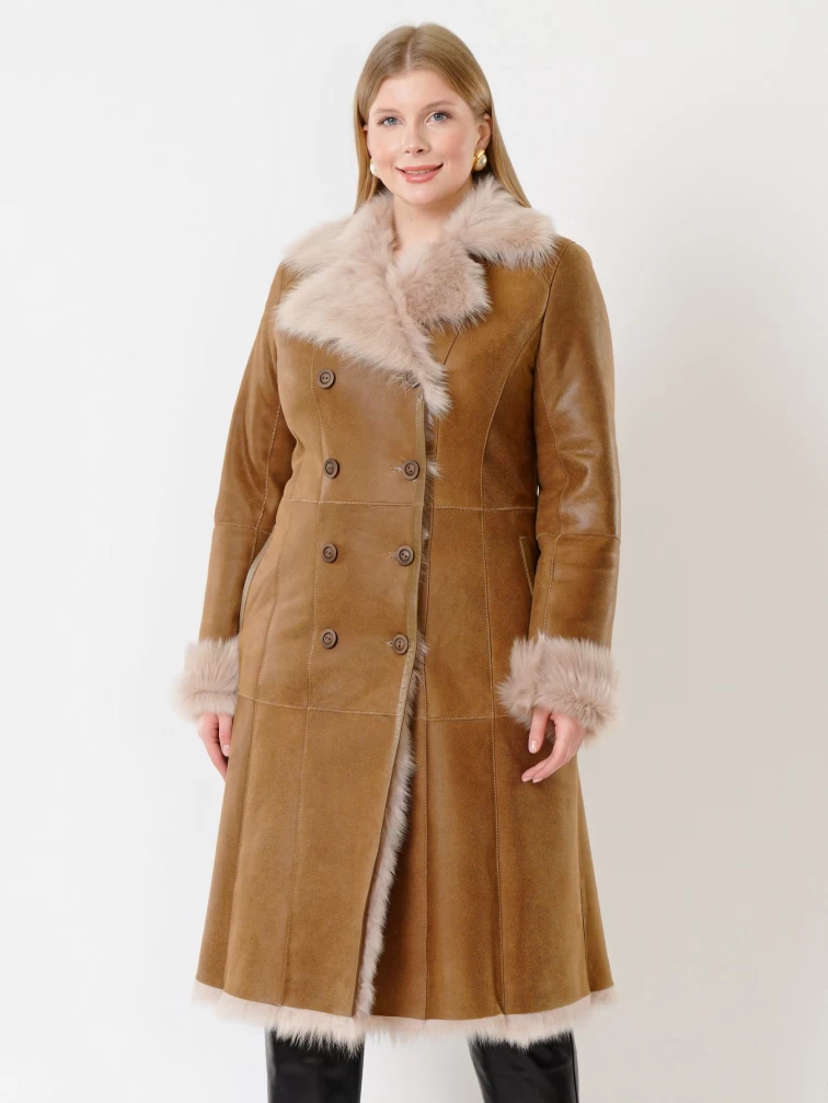 Двубортная длинная женская дубленка из тосканы 127н, бежевая, размер 52, артикул 62181-0