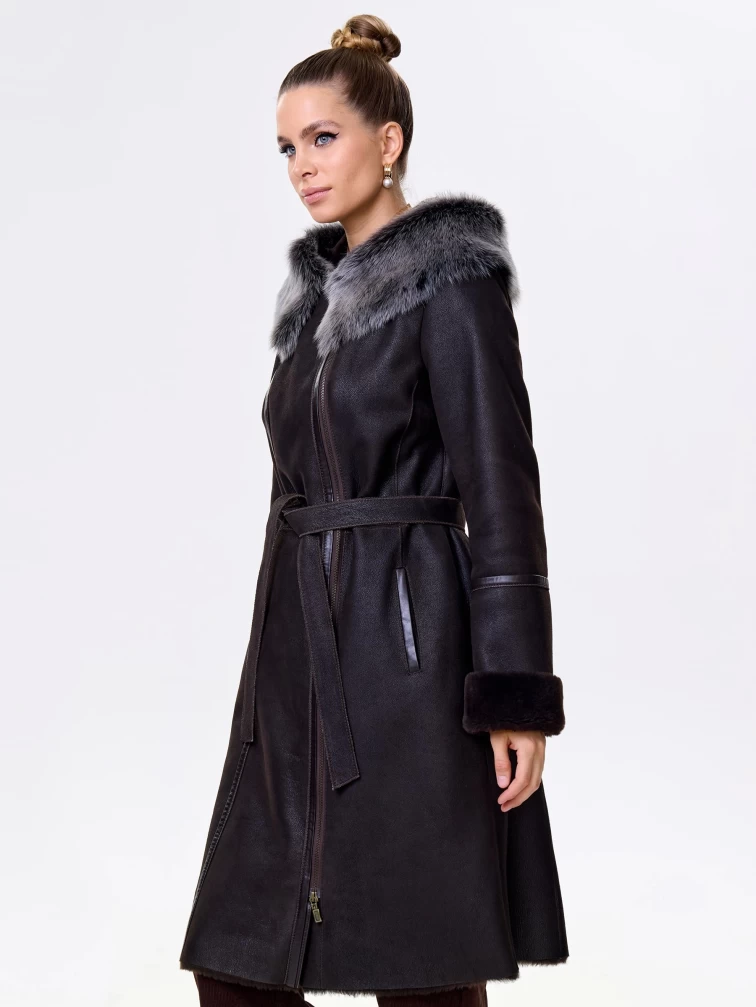 Женская дубленка с капюшоном из тосканы на молнии 265, коричневая, размер 42, артикул 61540-4