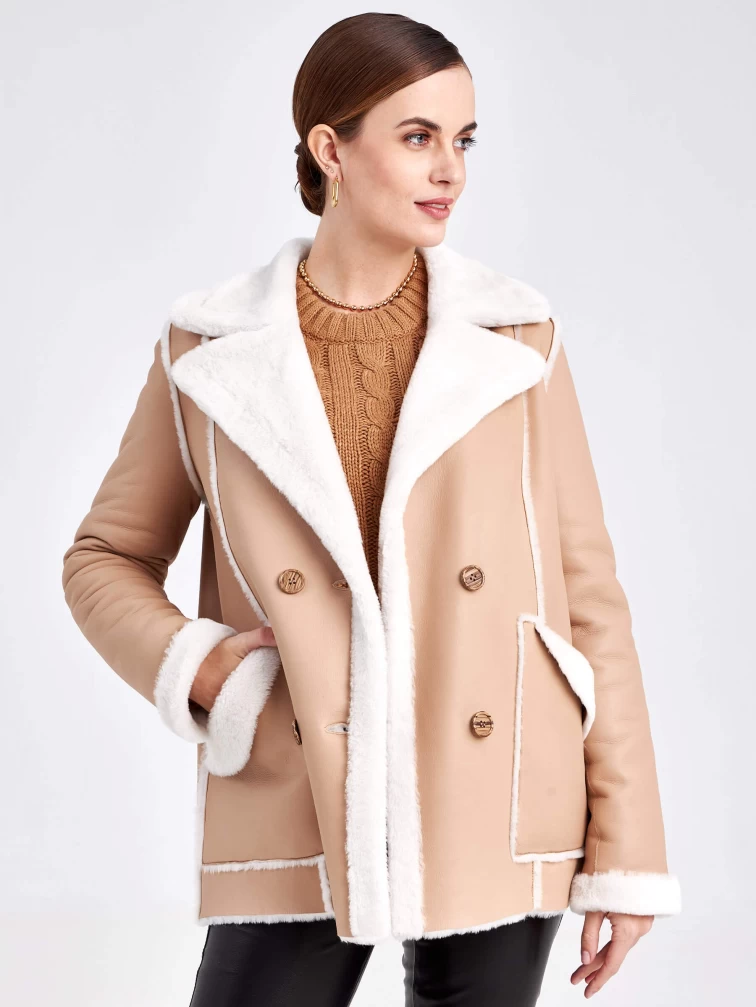 Двубортная короткая женская дубленка премиум класса 2010, бежевая, размер 46, артикул 62651-3