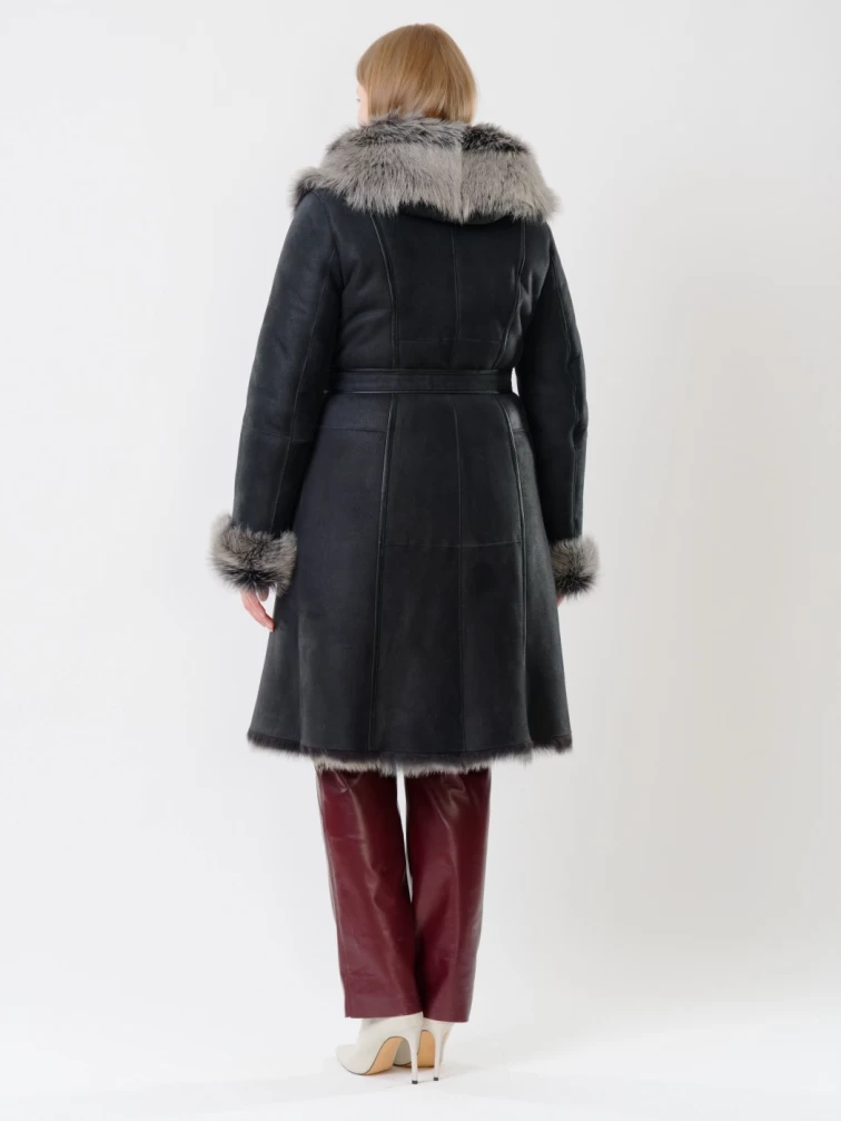 Длинная женская дубленка из тосканы с капюшоном 123нк, черная, размер 52, артикул 61132-5