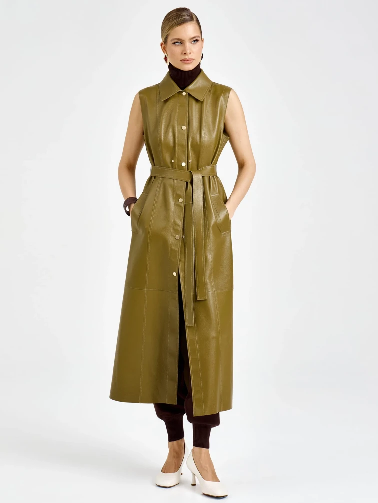 Зеленый женский длинный кожаный плащ премиум класса 3103, размер 44, артикул 92130-0