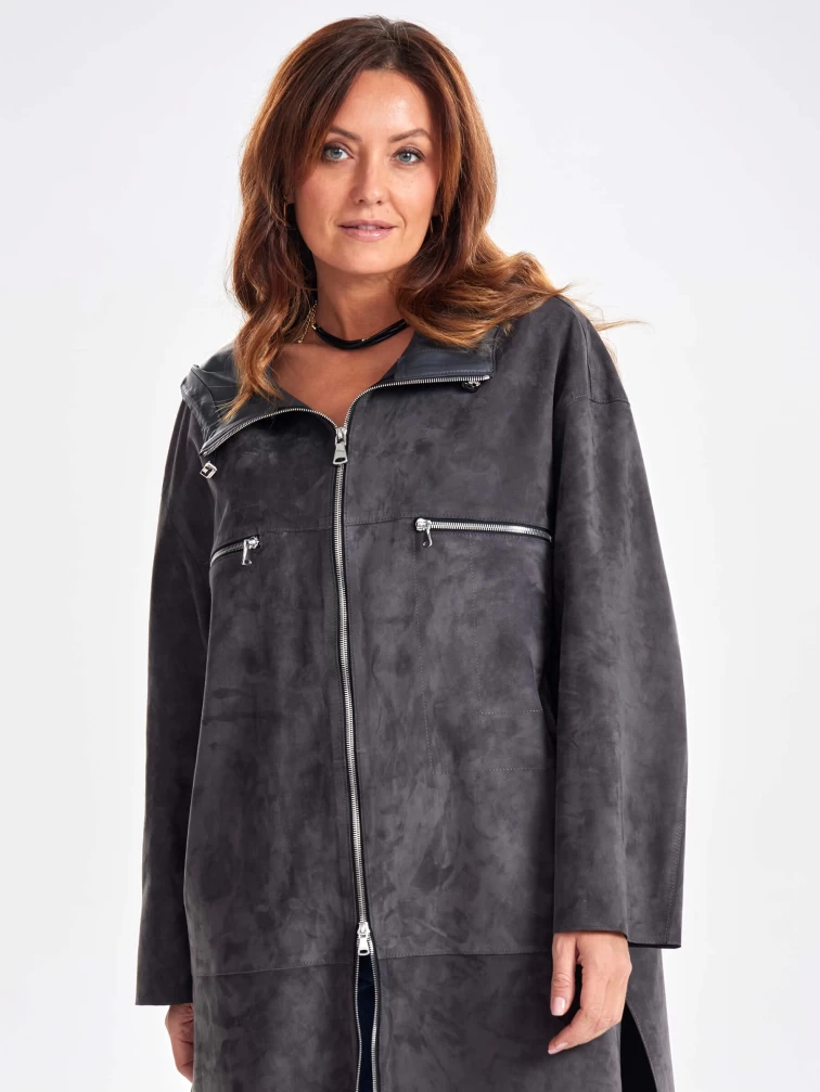 Замшевое женское пальто оверсайз с капюшоном на молнии премиум класса 3058з, темно-серое, размер 50, артикул 25690-1