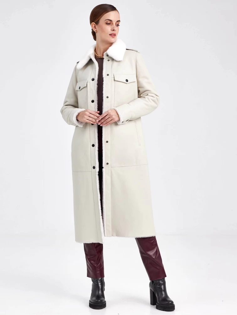 Женская дубленка рубашка с воротником из меха норки премиум класса 2016, белая, размер 48, артикул 62741-1