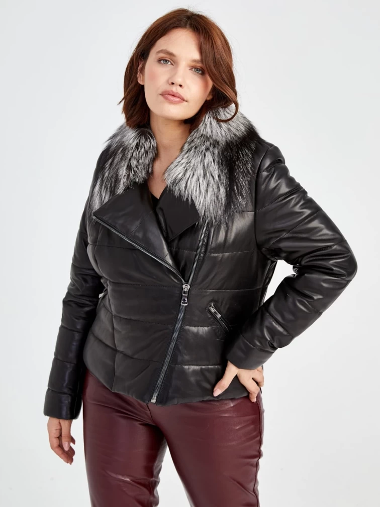 Кожаная утепленная женская косуха с мехом лисицы 706т, черная, размер 42, артикул 23740-6