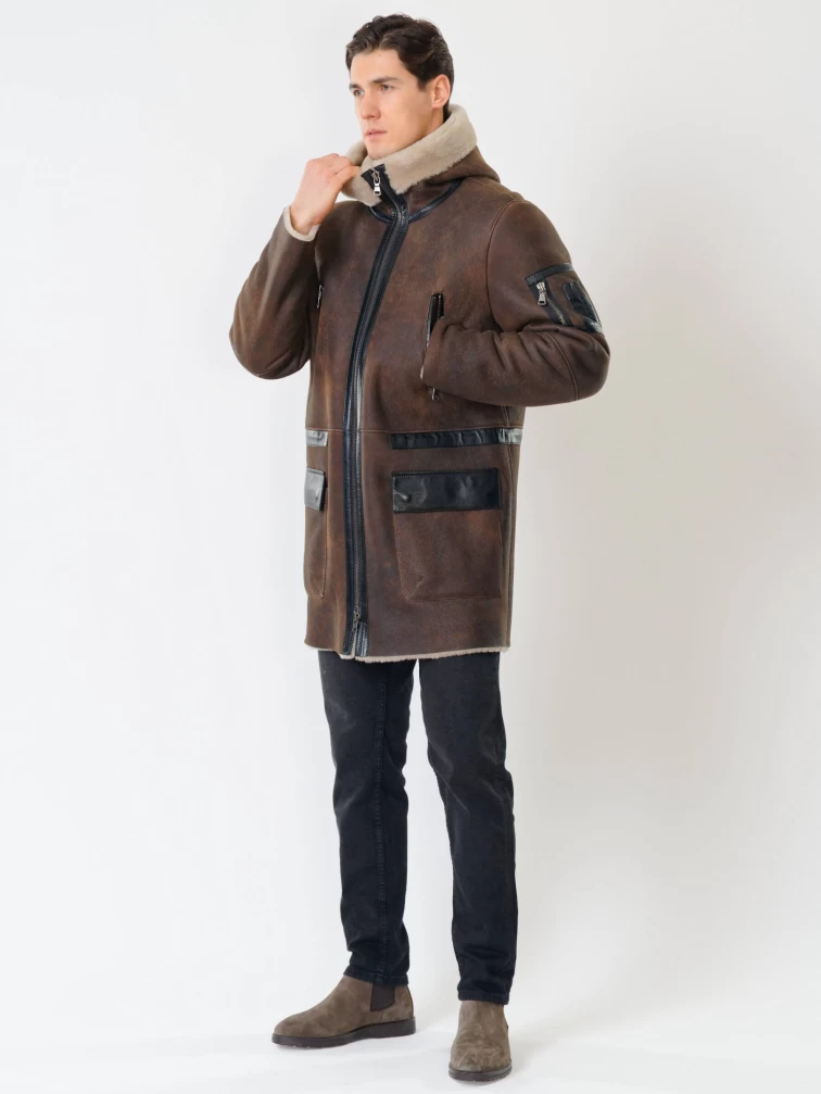 Длинная мужская дубленка с капюшоном премиум класса 429, коричневая, размер 48, артикул 70560-3