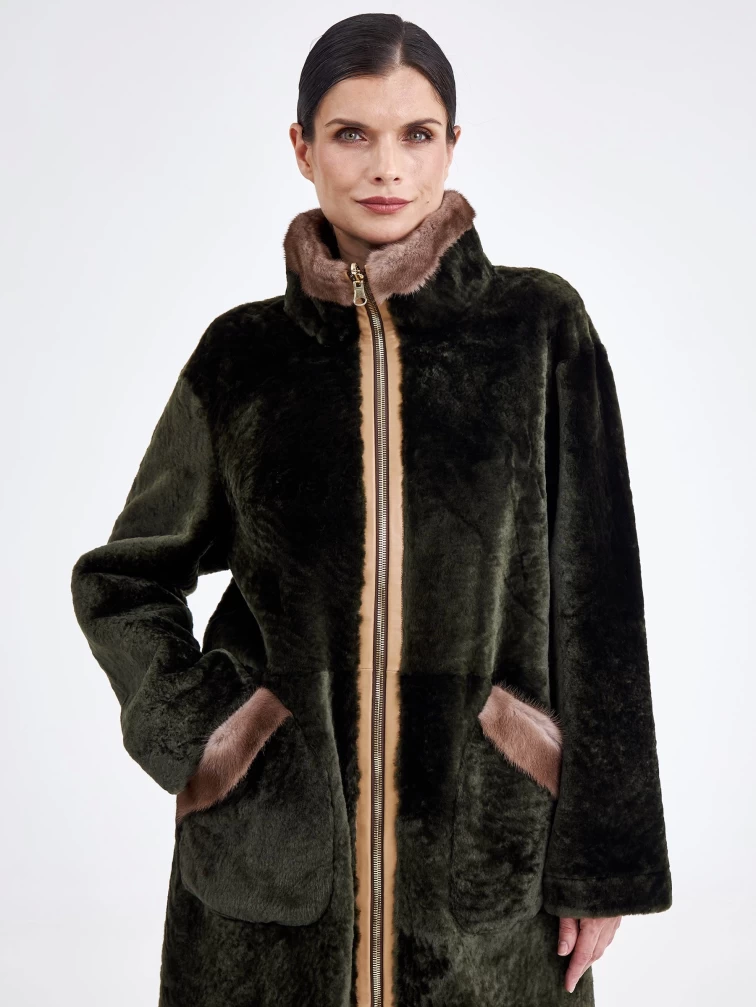Женская двусторонняя дубленка из астрагана с мехом норки премиум класса 2018, хаки, размер 44, артикул 62770-0