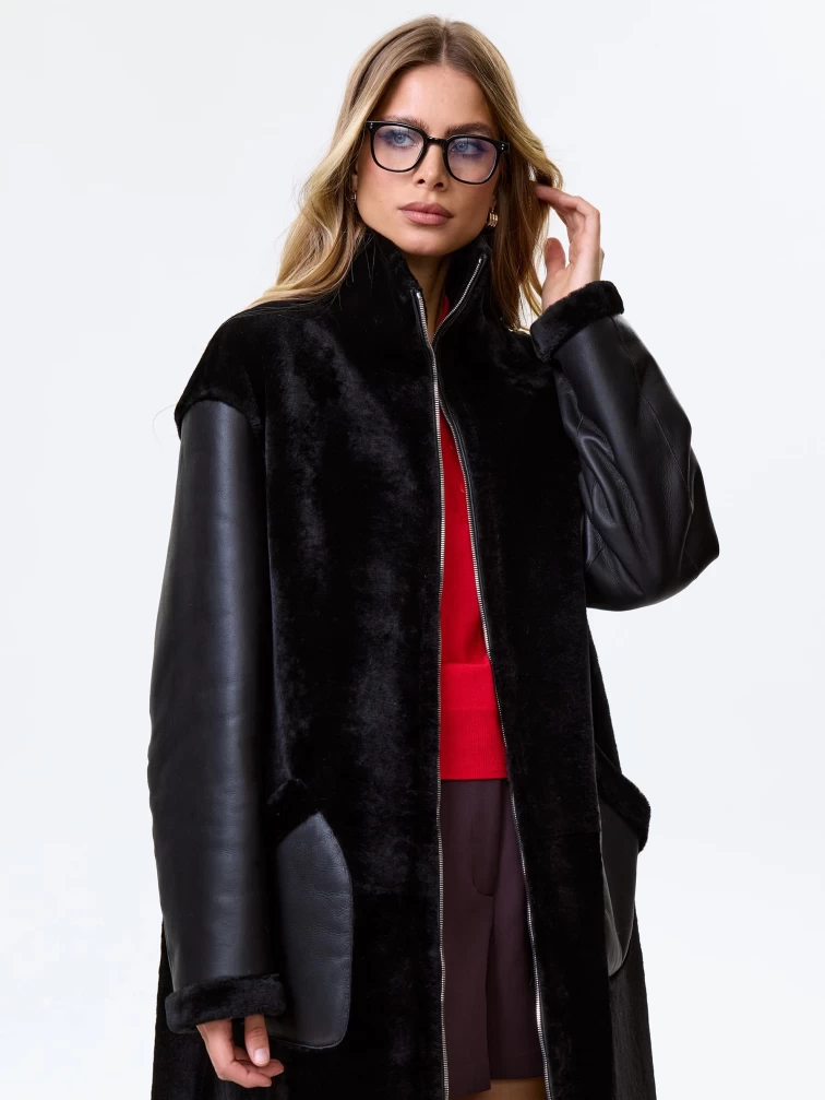 Длинное женское пальто из натуральной овчины премиум класса 2050, черное, размер 46, артикул 64310-0