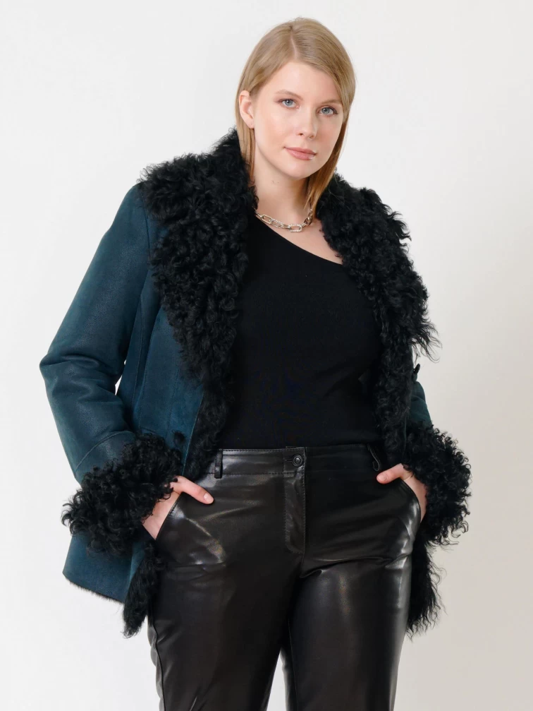 Короткая женская дубленка с овчиной тиградо 289, синяя, размер 42, артикул 62032-5