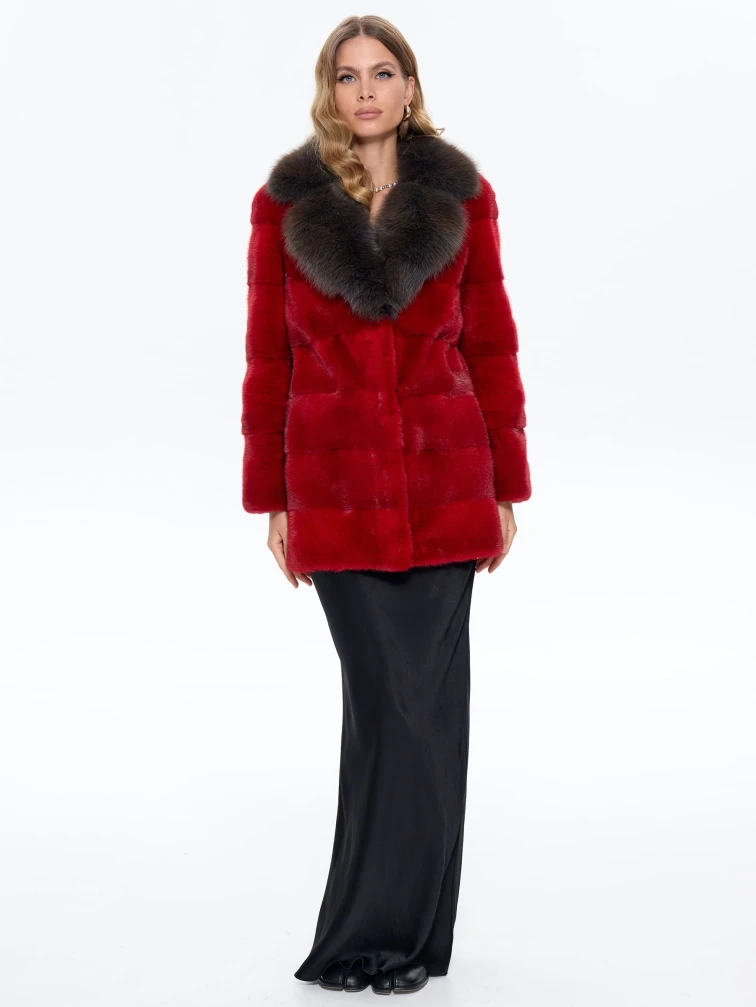 Красная норковая шуба с куницей 2Б, размер 44, артикул 65180-7