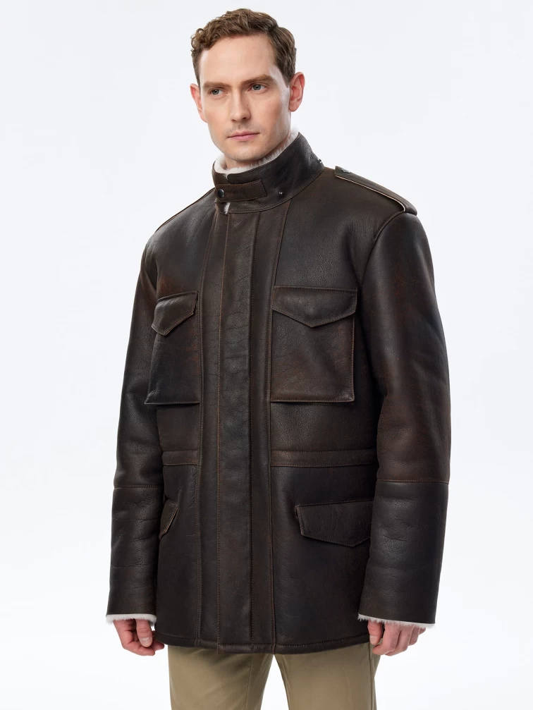 Дубленка мужская с капюшоном премиум класса 433, коричневая, размер 48, артикул 70751-3