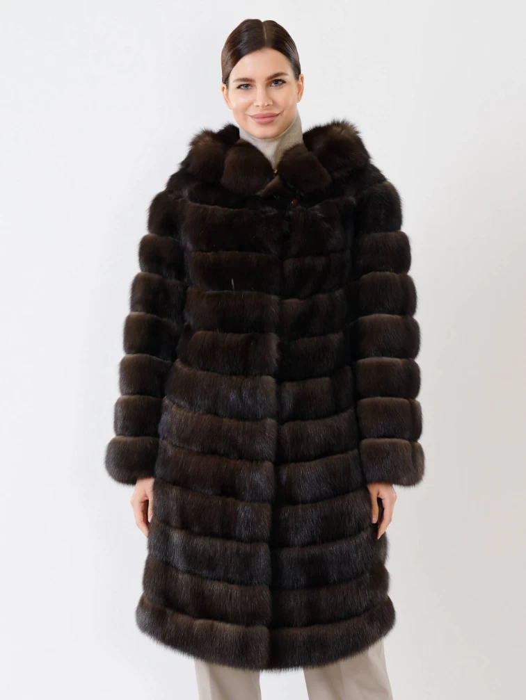 Длинная с капюшоном женская шуба из меха соболя премиум класса 321, коричневая, размер 50, артикул 19030-1
