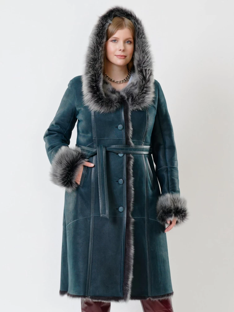 Длинная дубленка из тосканы с капюшоном для женщин 132, синяя, размер 44, артикул 62110-6