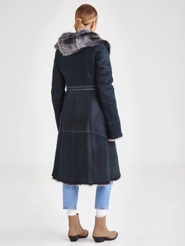 Женское пальто из натуральной овчины с капюшоном 132, синее, размер 44, артикул 64090-5